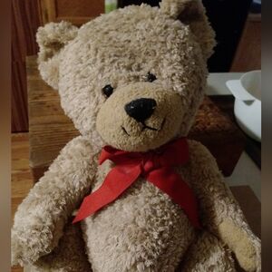 Classic Tan Teddy Bear with Red Bow
